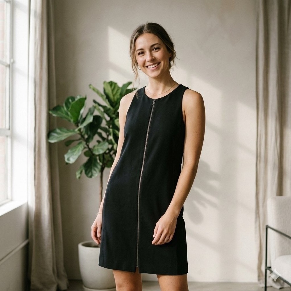 Theory Womens 0 Zeqen Retrieve Full Zip Black Shift Sleeveless Mini Dress LBD
